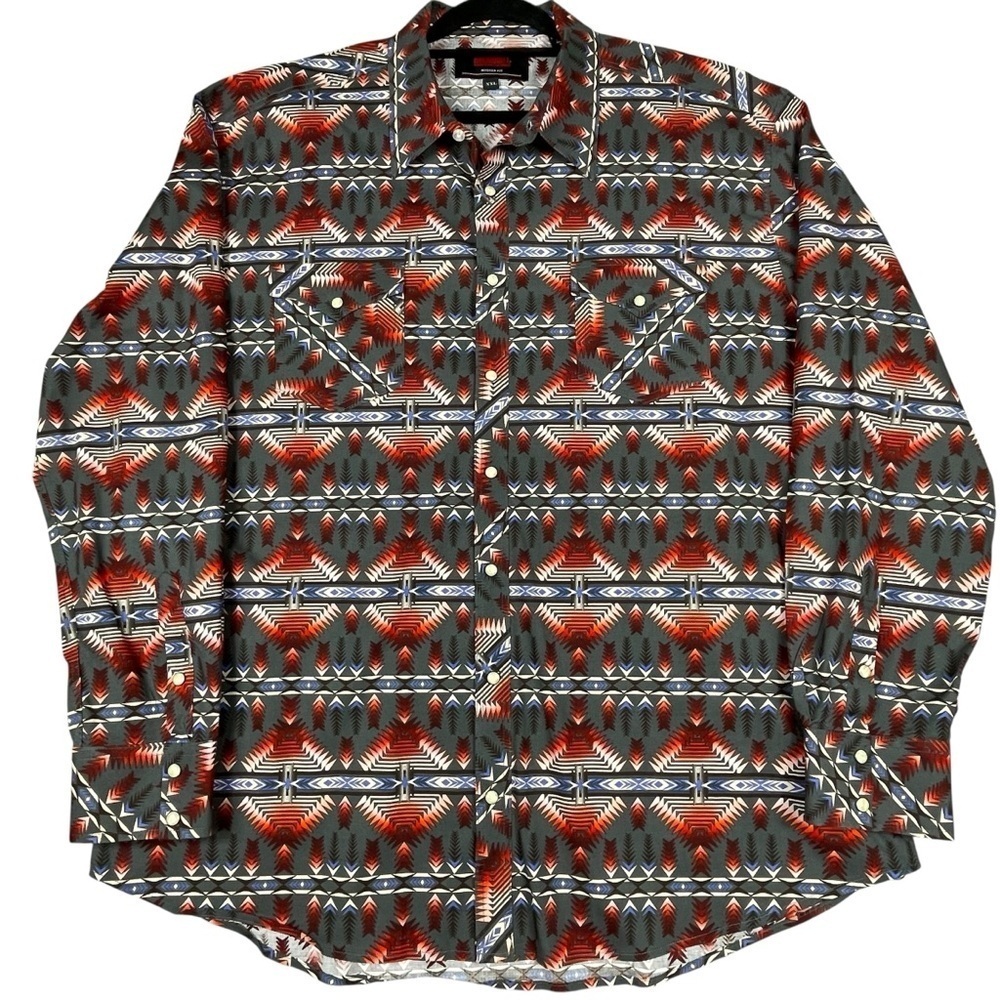 Rock & Roll Denim Southwestern Print Long Sleeve Snap Stretch Western Shirt  2XL